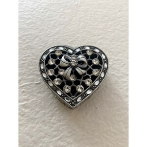 Vintage Heart Shaped Etch Metal w/ Diamond like Glass Crystals Ring Trinket Box